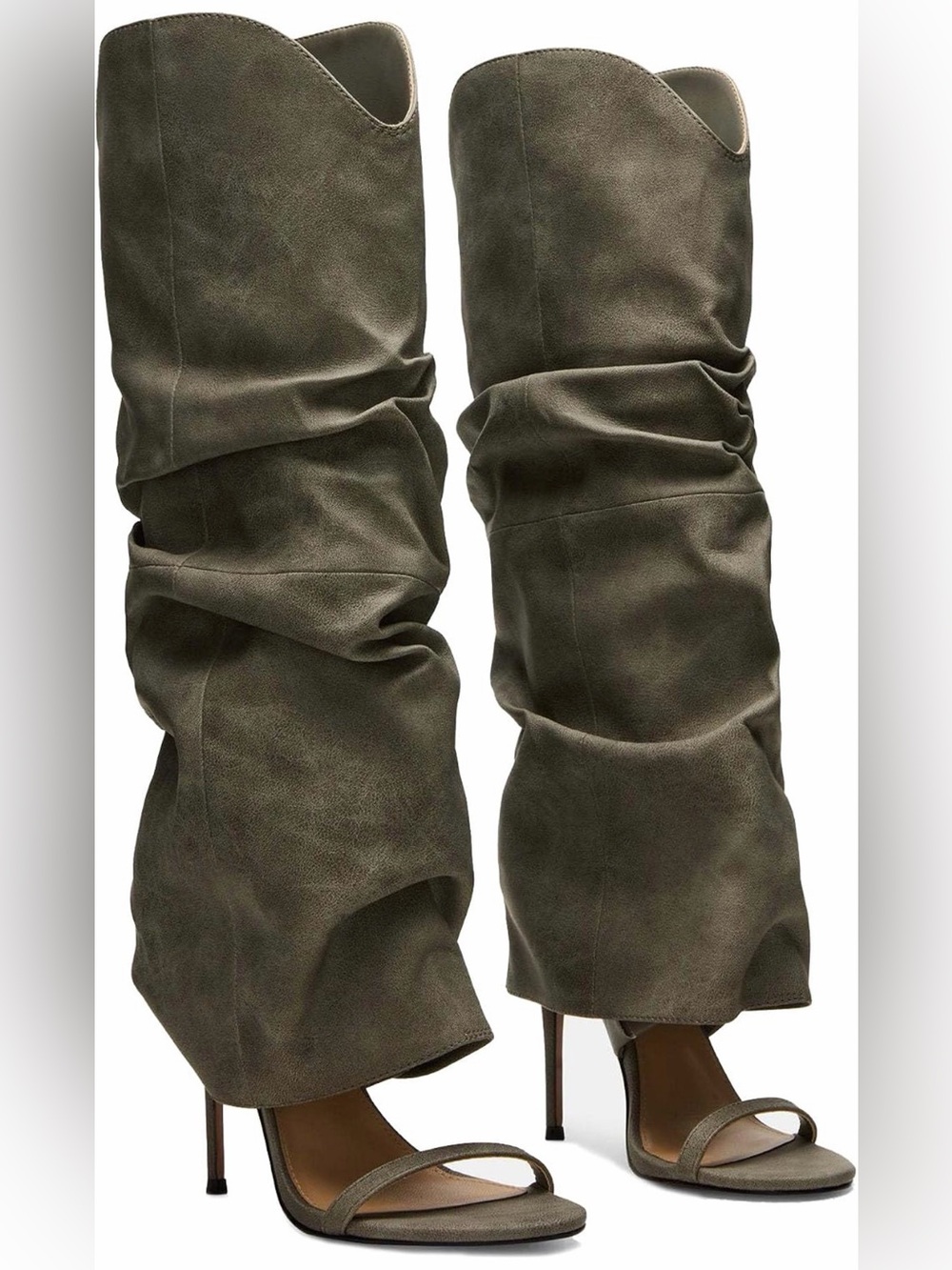 Women's Olive Green Slouch Western High-Heel Boots